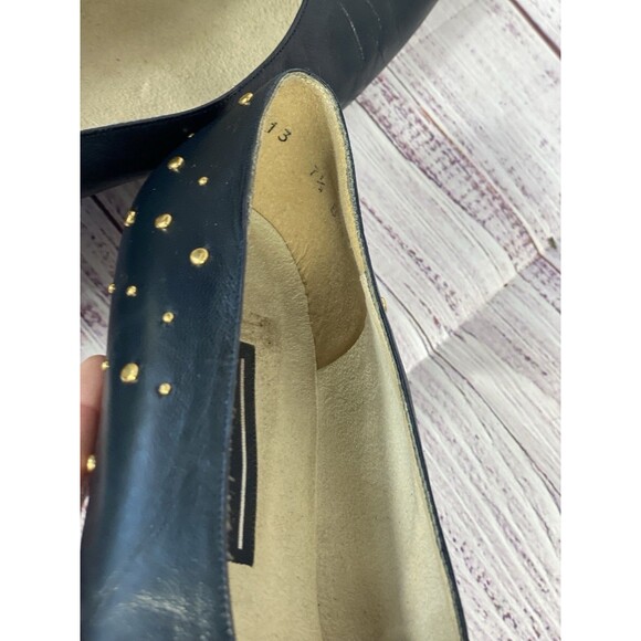 Vintage 80s Stuart Weitzman Navy Leather Gold Studded Kitten Heels Womens Sz 7.5 - Picture 6 of 6